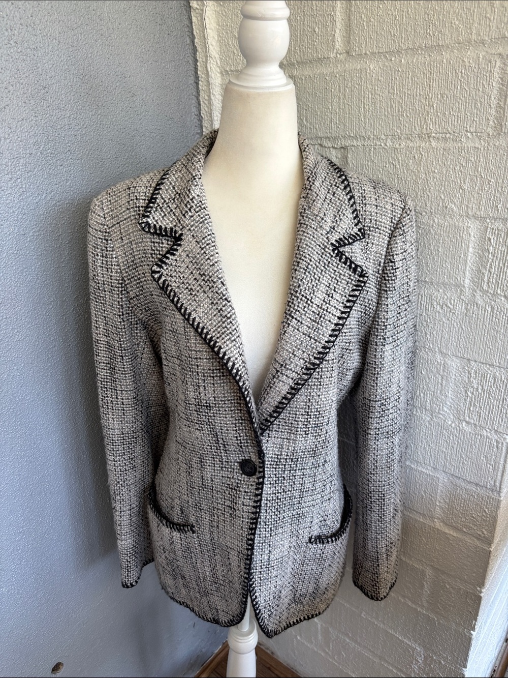 Emanuel Ungaro Vintage Tweed Black & White Single-Button Blazer Jacket sz 12